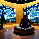 **

A vibrant, colorful scene inside an immersive Van Gogh exhibition. Visitors are surrounded by swirling projections of "Starry Night," reflected in polished floors and curved walls. Some visitors are taking photos, others are sitting on beanbag chairs, completely absorbed in the experience. Focus on the interplay of light and color, and the sense of being *inside* the painting. Consider adding details like stylish Italian visitors and subtly placed, modern lighting fixtures.

**