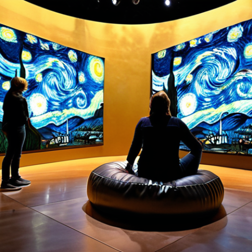 Home 17 **
A vibrant, colorful scene inside an immersive Van Gogh exhibition. Visitors are surrounded by swirling projections of "Starry Night," reflected in polished floors and curved walls. Some visitors are taking photos, others are sitting on beanbag chairs, completely absorbed in the experience. Focus on the interplay of light and color, and the sense of being *inside* the painting. Consider adding details like stylish Italian visitors and subtly placed, modern lighting fixtures.
**