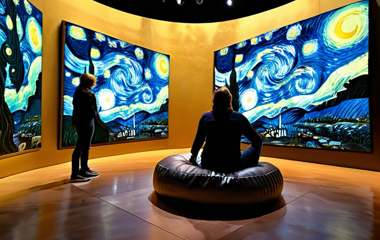 **
A vibrant, colorful scene inside an immersive Van Gogh exhibition. Visitors are surrounded by swirling projections of "Starry Night," reflected in polished floors and curved walls. Some visitors are taking photos, others are sitting on beanbag chairs, completely absorbed in the experience. Focus on the interplay of light and color, and the sense of being *inside* the painting. Consider adding details like stylish Italian visitors and subtly placed, modern lighting fixtures.
**