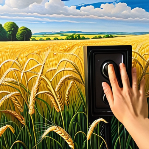 Home 16 **A vibrant, impressionistic painting coming to life with animated wheat fields swaying in the wind, accompanied by subtle sound waves emanating from hidden speakers. Soft, diffused lighting enhances the details of the painting, while a person with a visual impairment gently touches a tactile replica of the artwork.**
