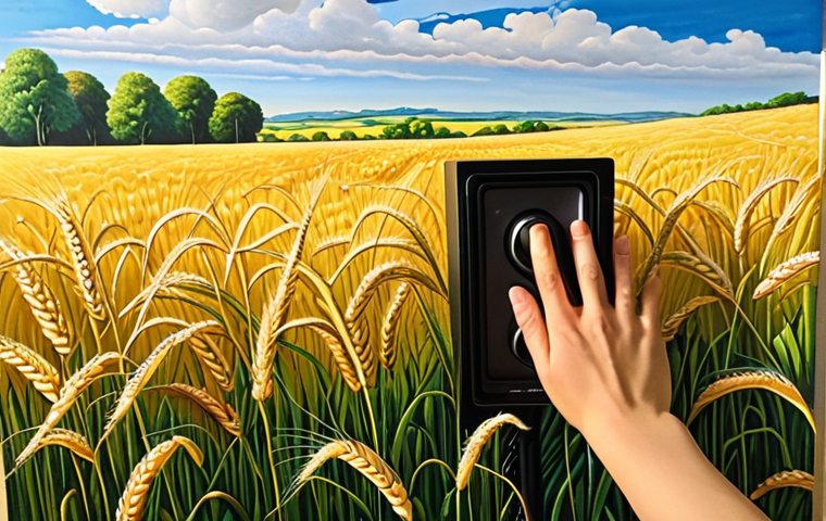 **A vibrant, impressionistic painting coming to life with animated wheat fields swaying in the wind, accompanied by subtle sound waves emanating from hidden speakers. Soft, diffused lighting enhances the details of the painting, while a person with a visual impairment gently touches a tactile replica of the artwork.**