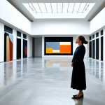 A professional art curator in modest business attire, elegant and professional dress, standing contemplatively, observing a large, abstract art installation in the center of a spacious, modern art gallery. The gallery features high ceilings, expansive glass skylights flooding the space with soft, natural zenithal light. Walls are a neutral, light gray, enhancing the artwork. The architecture is minimalist, with clean lines and correct proportions, creating a sense of serene reverence. Polished concrete floors reflect the light. Perfect anatomy, well-formed hands, proper finger count, natural body proportions. High-quality professional photography, detailed, realistic rendering. Safe for work, appropriate content, fully clothed, professional, family-friendly.
