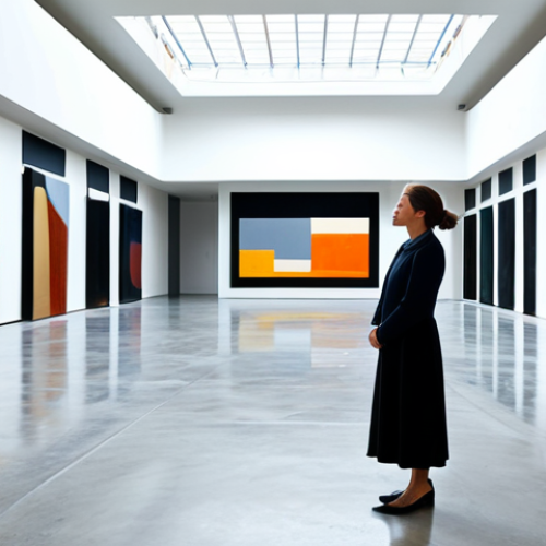 Home 9 A professional art curator in modest business attire, elegant and professional dress, standing contemplatively, observing a large, abstract art installation in the center of a spacious, modern art gallery. The gallery features high ceilings, expansive glass skylights flooding the space with soft, natural zenithal light. Walls are a neutral, light gray, enhancing the artwork. The architecture is minimalist, with clean lines and correct proportions, creating a sense of serene reverence. Polished concrete floors reflect the light. Perfect anatomy, well-formed hands, proper finger count, natural body proportions. High-quality professional photography, detailed, realistic rendering. Safe for work, appropriate content, fully clothed, professional, family-friendly.