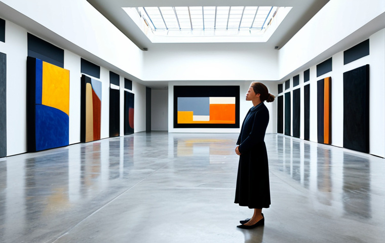A professional art curator in modest business attire, elegant and professional dress, standing contemplatively, observing a large, abstract art installation in the center of a spacious, modern art gallery. The gallery features high ceilings, expansive glass skylights flooding the space with soft, natural zenithal light. Walls are a neutral, light gray, enhancing the artwork. The architecture is minimalist, with clean lines and correct proportions, creating a sense of serene reverence. Polished concrete floors reflect the light. Perfect anatomy, well-formed hands, proper finger count, natural body proportions. High-quality professional photography, detailed, realistic rendering. Safe for work, appropriate content, fully clothed, professional, family-friendly.